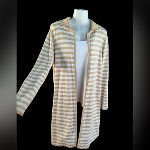 CHICOS, Long Cardigan Sweater, Sand/White Stripes, Size 8.
